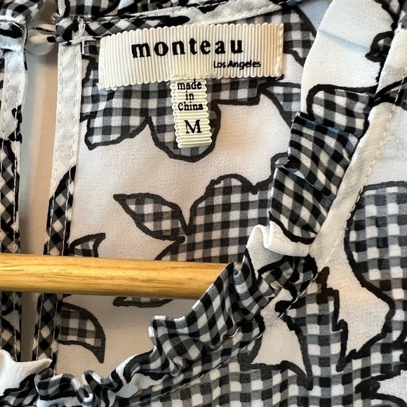 MONTEAU Cream & Black Printed High Neck Sleeveless Ruffle Top M - Picture 10 of 11